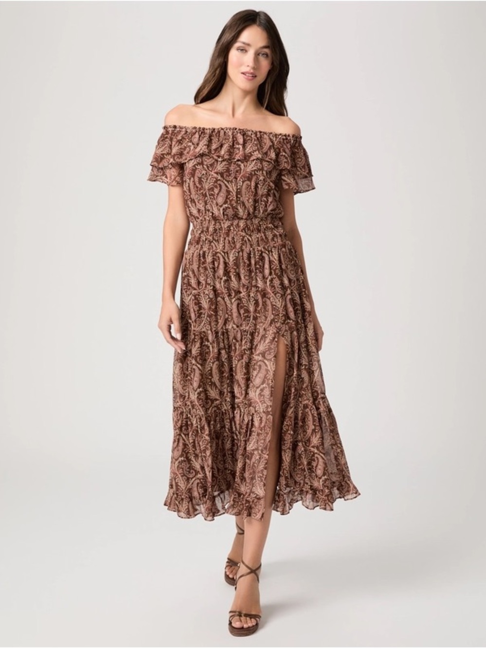 PAIGE Brown Paisley Off-Shoulder Maxi Dress